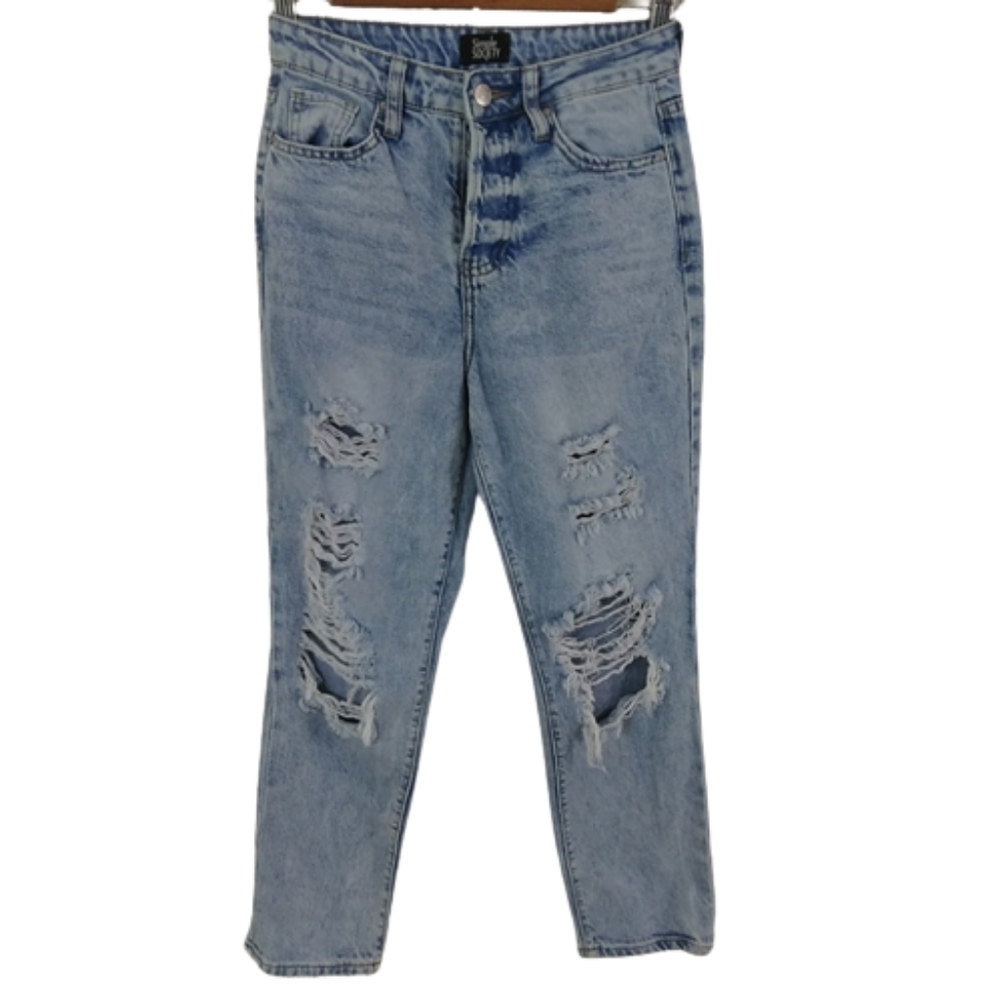 Simple Society Distressed Cotton Denim Button Fly High Waisted Casual Jeans